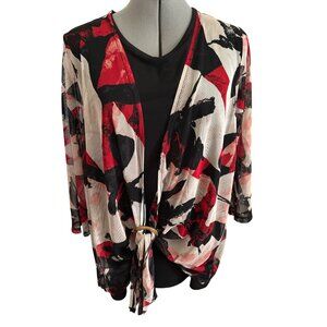 Linda Matthews Womens Black & Red Abstract Print Tunic Top With Tie Front Size L